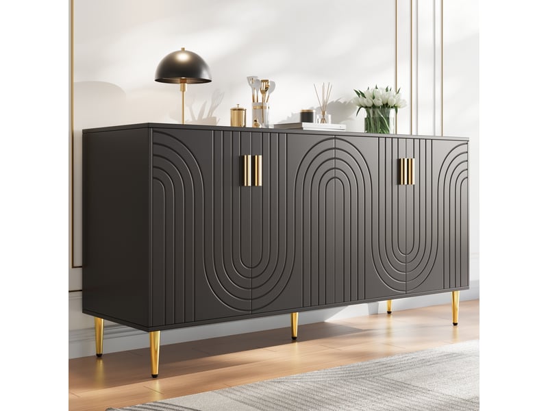  Buffet bas noir 152x40x75 cm en mdf à motif ondulé et détails dorés  - Conforama B