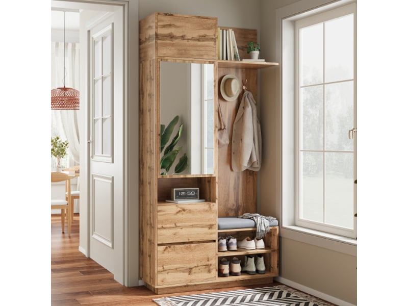 Garde-robe compacte avec miroir et banc — meuble d'entrée avec porte-chaussures et crochets — ensemble de couloir - Conforama E