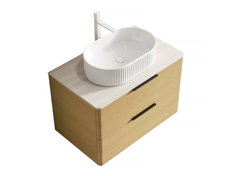  Meuble sous vasque suspendu 75 cm à 2 tiroirs fermeture douce - lpospi - plateau pierre frittée, céramique beige chêne  - Conforama A