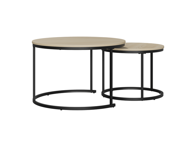  Set de 2 tables basses gigognes rondes effet chêne, ø 70 cm, pieds métal, style moderne  - Conforama A