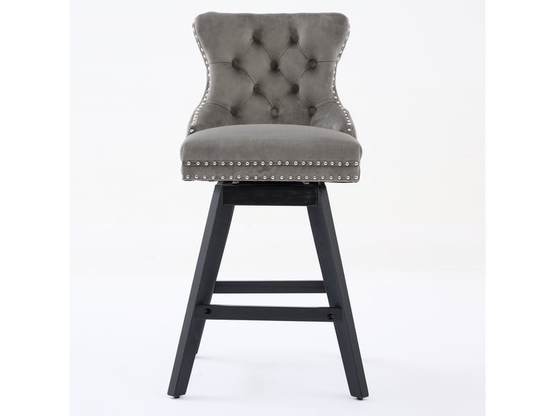  Lot de 2 tabourets de bar pivotants en velours gris capitonnés, pieds bois et clous chromés – style détente  - Conforama A