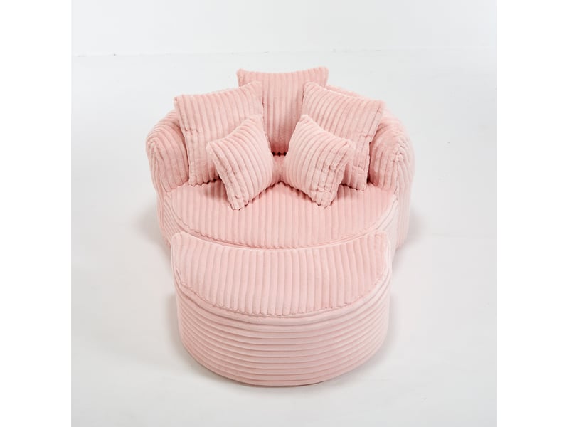  Fauteuil avec pouf rond et 5 coussins, accoudoirs enveloppants, dossier de soutien en chenille rose  - Conforama A