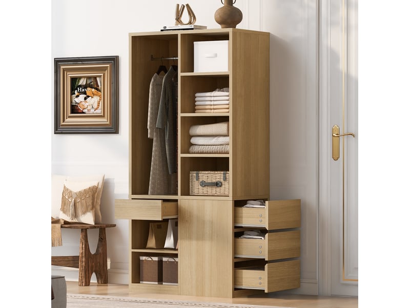  Armoire penderie 70x50x170 cm, grand volume tiroirs, rangements ouverts, tringle métal, contreplaqué+mdf finition bois clair  - Conforama B