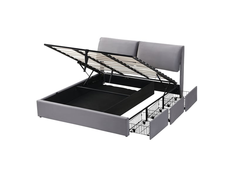 Lit coffre 160x200 cm gris, velours, sommier relevable hydraulique, 3 tiroirs, tête de lit réglable, sommier à lattes inclus - Conforama A