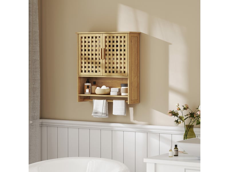  Armoire murale de salle de bain en bambou, 2 portes ajourées, étagère réglable, 62 x 20 x 66 cm  - Conforama C