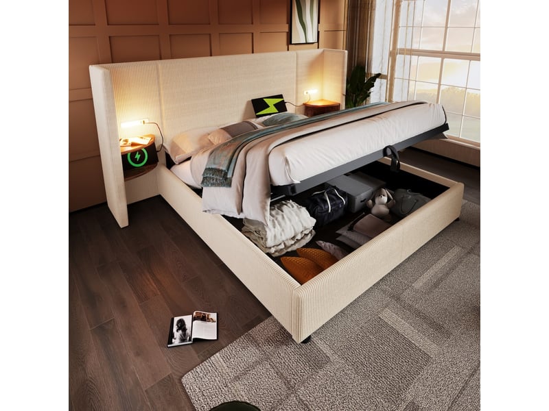  Lit coffre 160x200cm avec table nuit lampe usb-c sommier bois metal beige blanc velours avec matelas  - Conforama E