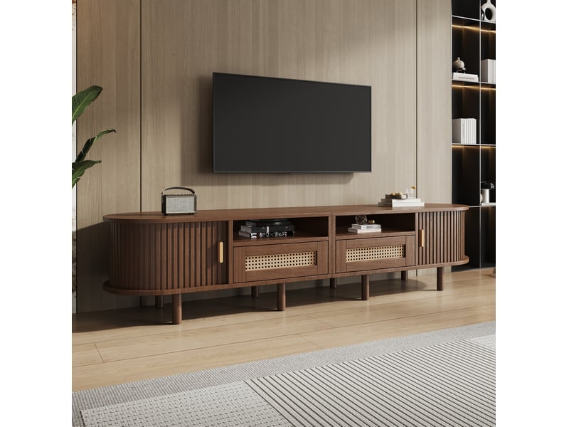 Meuble tv modenvie ovale 170 x 40 x 40 cm 2 tiroirs 2 portes coulissantes noyer foncé - Conforama E