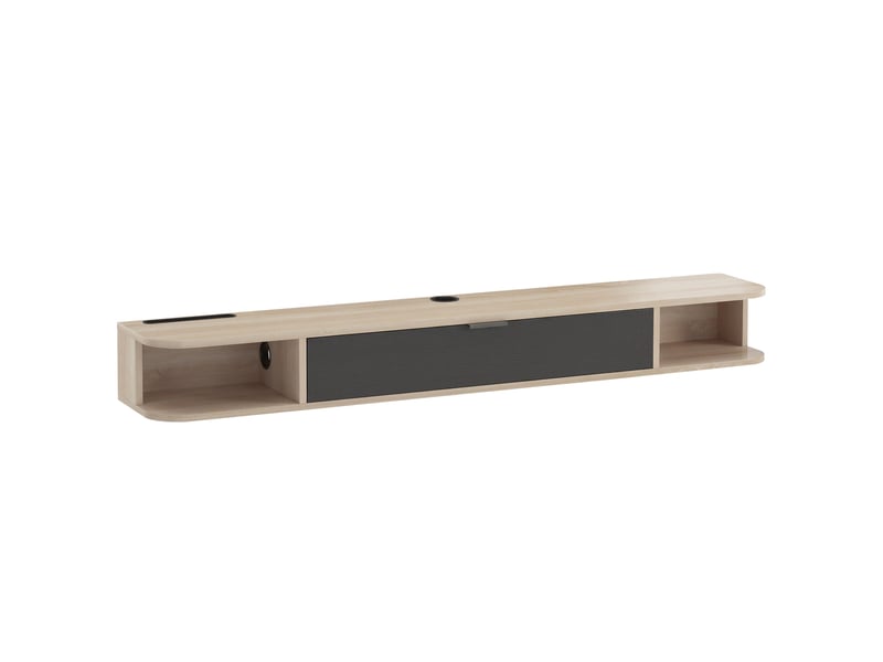  Meuble tv suspendu, meuble télé pour téléviseur jusqu'à 60 pouces, tiroir rabattable 2 étagères 140x24x16cm bois naturel  - Conforama B