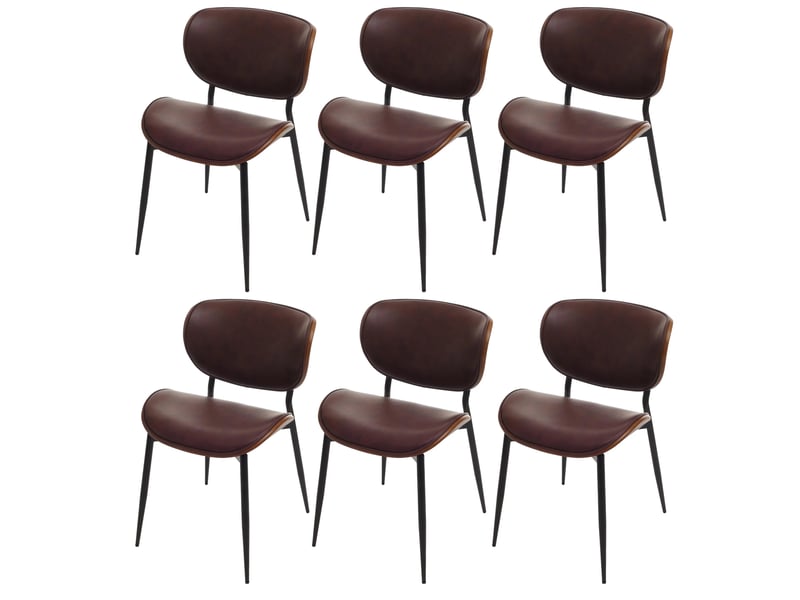  Lot de 6 chaises de salle à manger assise rembourrée formes arrondies et protections réglables similicuir marron vintage acier et bois courbé aspect noyer 04_0009495  - Conforama A