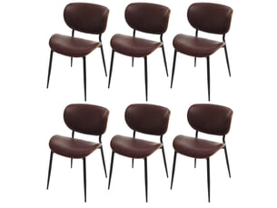 Lot de 6 chaises de salle à manger assise rembourrée formes arrondies et protections réglables similicuir marron vintage acier et bois courbé aspect noyer 04_0009495