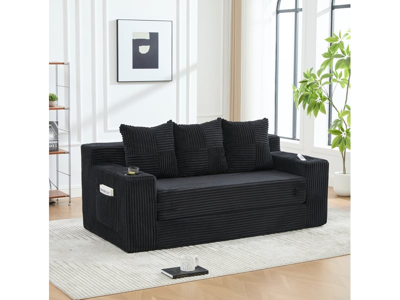  Canapé modulaire 3 places avec porte-gobelets et poches latérales en velours côtelé noir 172 × 87 × 64 cm  - Conforama B
