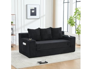 Canapé modulaire 3 places avec porte-gobelets et poches latérales en velours côtelé noir 172 × 87 × 64 cm