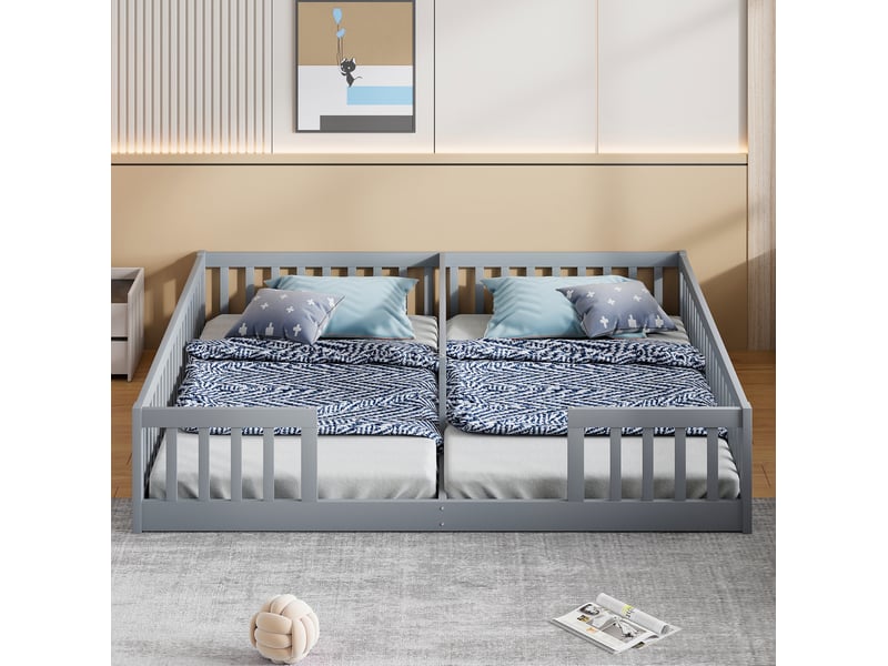  Modenvie lit enfant double au sol 90x200 cm - avec barrières de sécurité, sommier inclus, sans matelas - gris  - Conforama D