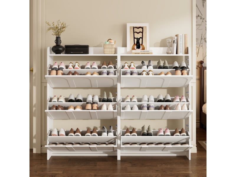  Meuble à chaussures blanc 140 x 25 x 120 cm, 6 portes abattantes, mdf, 12 compartiments  - Conforama C