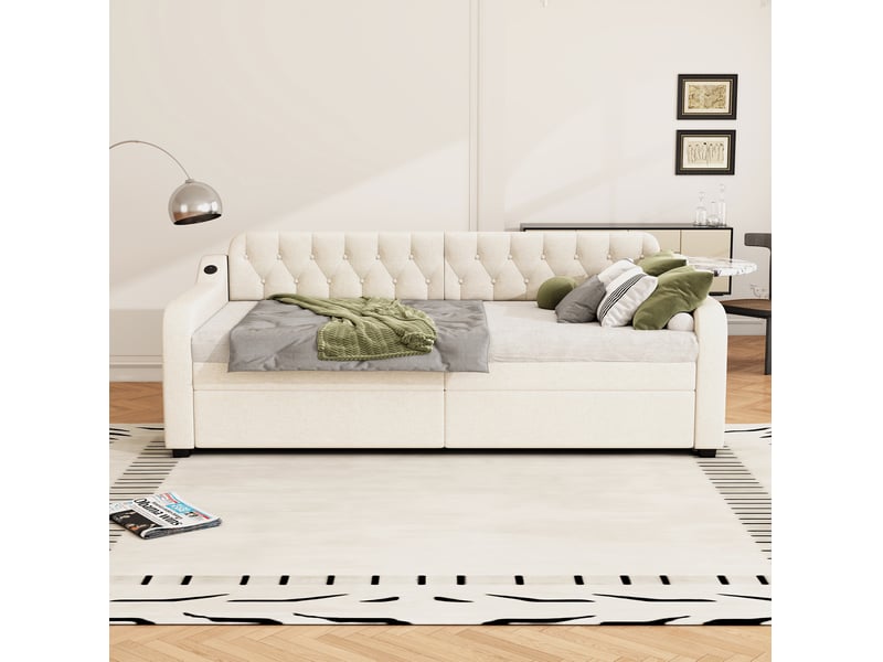  Canapé-lit gigogne 90x200 cm avec prise usb en tissu de lin beige  - Conforama D
