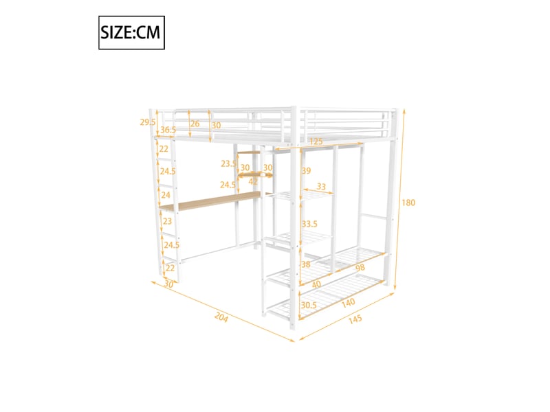  Lit mezzanine en métal 140x200 cm avec bureau, penderie et rangements, blanc  - Conforama C