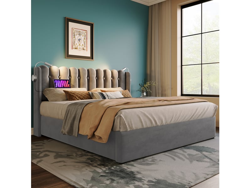  Lit coffre 160x200 en velours gris avec led, usb et tête de lit de rangement, style moderne  - Conforama B