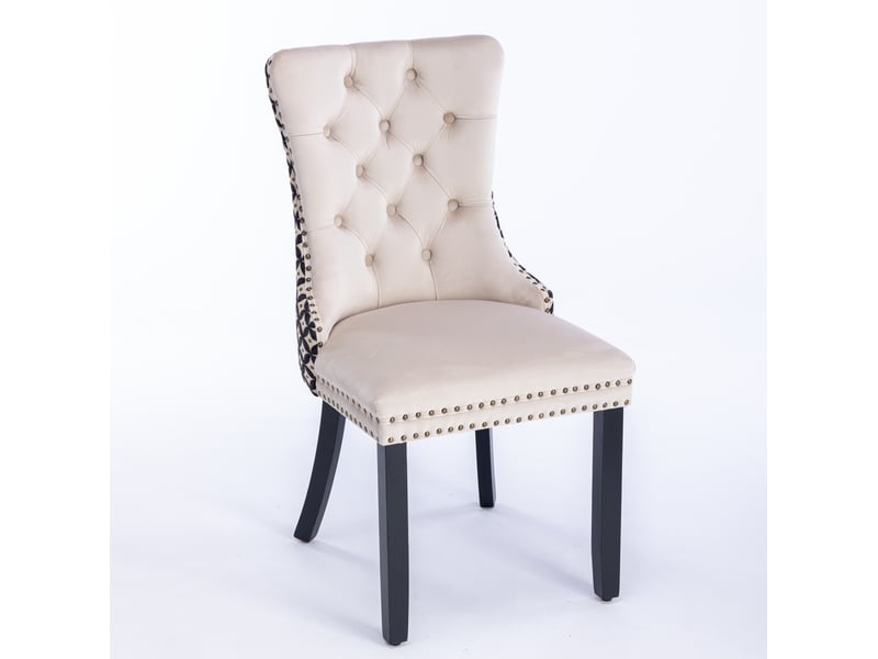  Lot de 2 chaises de salle à manger en velours beige et noir, pieds en bois  - Conforama D
