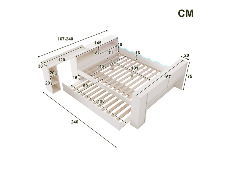  Lit gigogne 140 x 190 cm avec lit d’appoint 90 x 190 cm, led, blanc  - Conforama C
