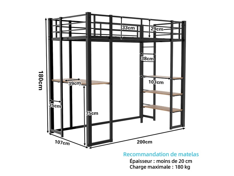 Lit mezzanine 90x190 cm en métal noir avec bureau, échelle double et rangement - Conforama C