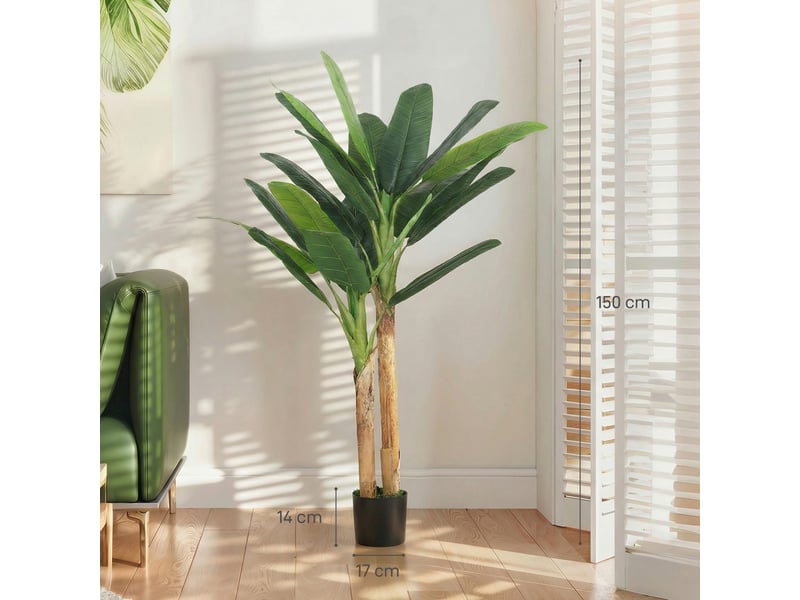  Bananier artificiel de 150 cm, plante décorative avec pot et 2 troncs, vert, idéal pour la maison, le bureau ou le salon.  - Conforama E