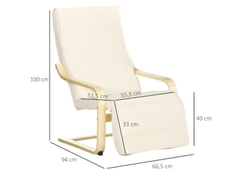  Fauteuil relax 66,5 x 94 x 100 cm blanc crème en bois de bouleau et tissu, repose-pieds réglable 5 positions  - Conforama C