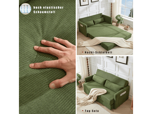 Canapé 2 places, avec fonction couchage, avec coussins, avec poches latérales, en velours côtelé, coloris vert, l165 x p92 x h82 cm