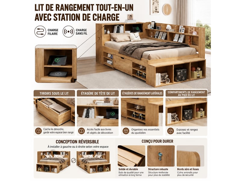 Lit simple 90x200 cm naturel avec tiroirs de rangement, étagères, tables de chevet et charge sans fil - Conforama E