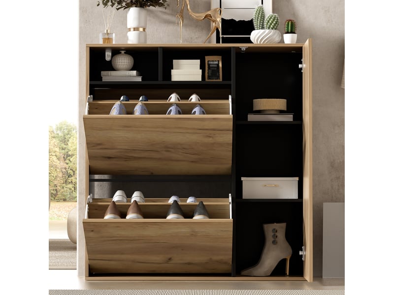  Meuble à chaussures 90x24x94 cm avec 2 abattants et 1 porte noir et naturel  - Conforama E