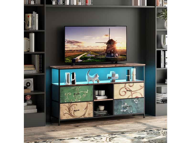  Meuble tv led 137x30x78cm - multifonctionnel - 4 tiroirs en tissu coloré et étagères ouvertes - combinaison rétro et modernes  - Conforama B