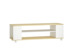 Meuble tv avec roulettes 120 cm, meuble télé pour téléviseur jusqu'à 55 pouces, blanc et naturel, 2 étagères ouvertes