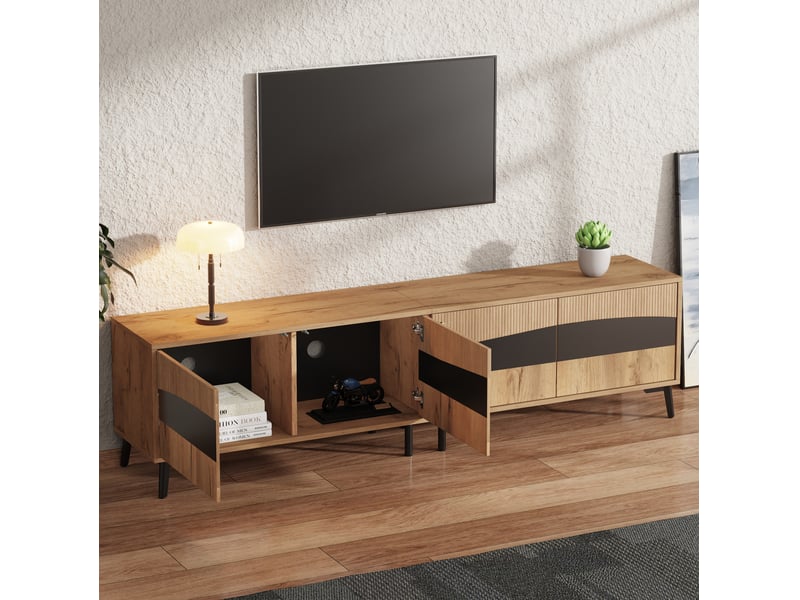  Meuble tv 180x40x50 cm, 4 portes, design symétrique, effet bois naturel et noir, panneau de particules  - Conforama B
