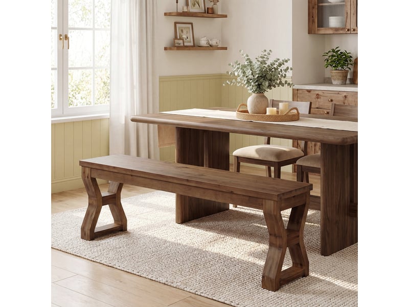  Banc en bois massif de 140 cm avec pieds en x, banc à chaussures pour entrée avec rangement ouvert  - Conforama E