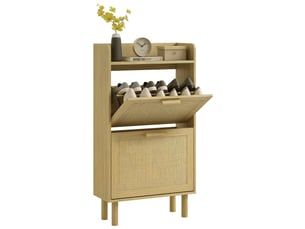 Meuble à chaussures style bohème avec 2 tiroirs abattants et 1 étagère ouverte pour 12 paires de chaussures, 80 x 24,5 x 110 cm, chêne
