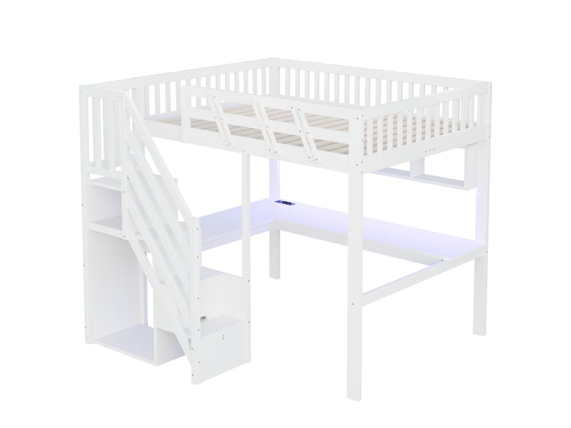  Lit mezzanine,140x200 cm,avec bureau, escalier de rangement et led,mdf,blanc  - Conforama D