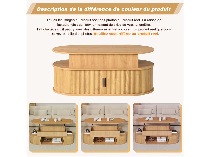  Table basse relevable ovale avec rangement en mdf, 100 x 50 x 40 cm, ton bois  - Conforama W