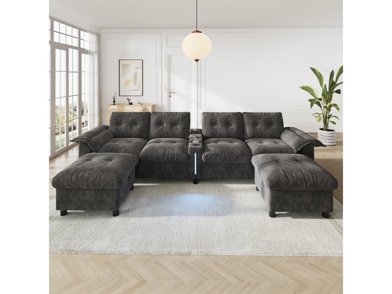 Canapé d'angle modulable - 6 places - forme l - rangements intégrés - éclairage led - usb et type-c - ottomans - pratique - gris CozyNest - Conforama C