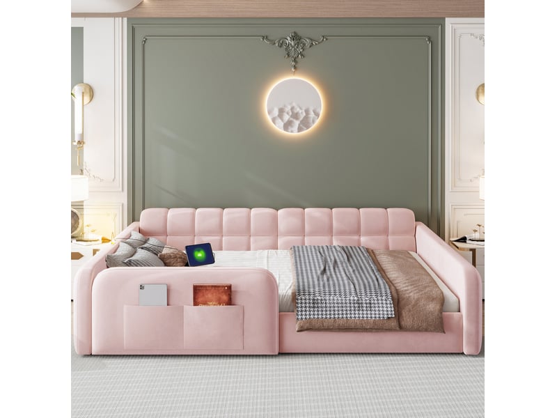  Lit enfant 140x200 cm, tête de lit style canapé, tiroir, veilleuse, ports usb et usb-c, barrières, velours rose, sans matelas  - Conforama D