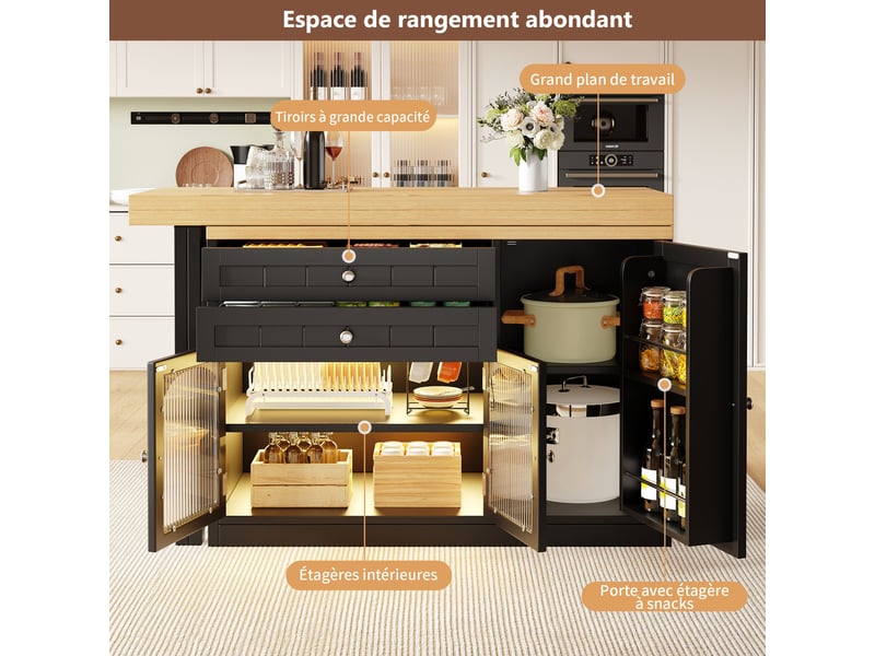 Îlot de cuisine extensible 120–194 x 40 x 73,5 cm avec plateau pivotant 360°, portes en verre et 2 tiroirs, noir - Conforama D