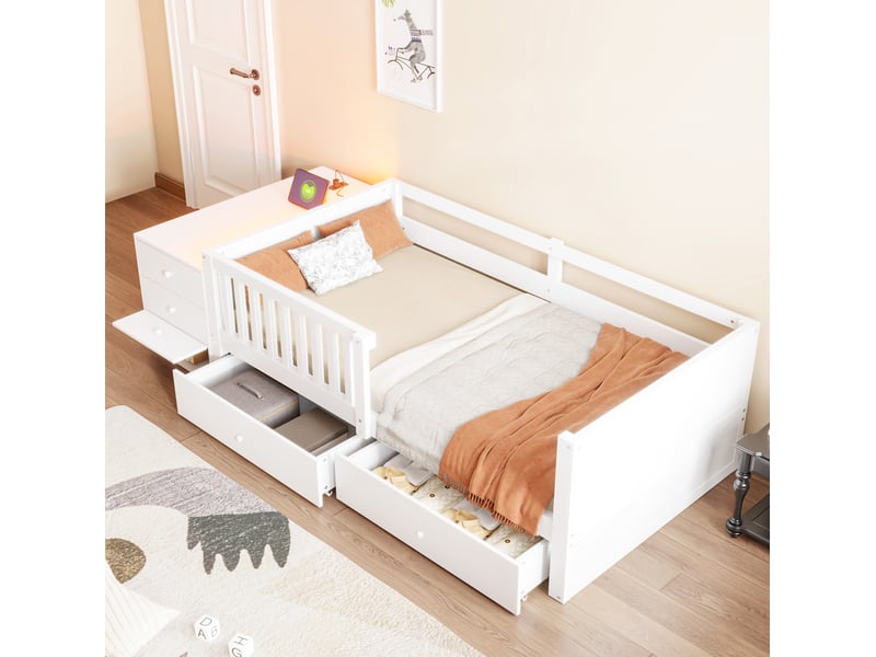  Lit mezzanine enfant modenvie 90 x 200 cm avec rangement, bureau, prise électrique et led, blanc  - Conforama B