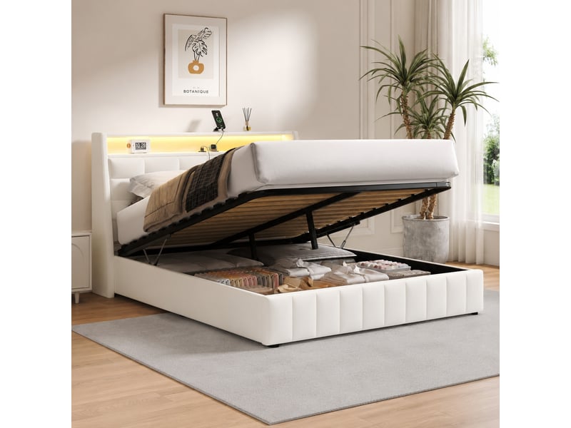  Lit rembourré 160 x 200 cm avec éclairage led 7 couleurs, port usb, espace de rangement et tête de lit réglable, blanc  - Conforama D