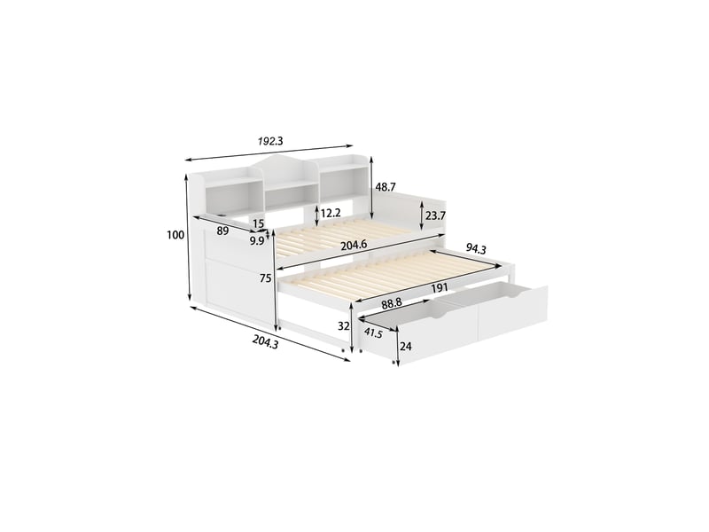  Lit banquette 90x200 cm – blanc – couchage gigogne 90x190, 2 tiroirs, rangements et prise usb - sans matelas  - Conforama C