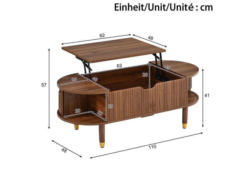  Table basse ovale relevable avec 2 portes et rangement 110x48x57 cm mdf coloris noyer  - Conforama C