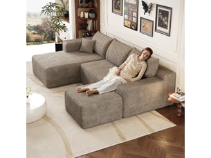Canapé d'angle en L 241cm,canapé compressé modulable 4 places avec méridienne à gauche,motif nuage,assise profonde,tissu en velours côtelé,camel