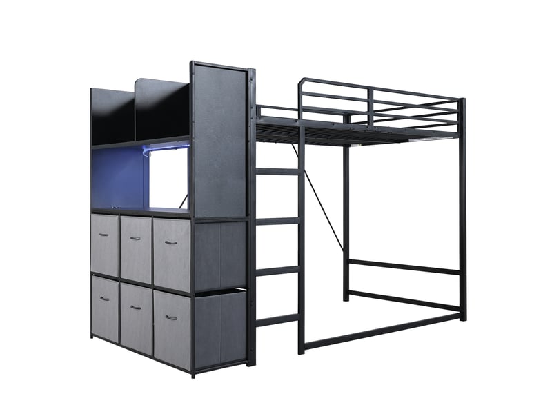 Lit mezzanine 120x200 cm avec rangement intégré, étagères et tiroirs en tissu, éclairage led et ports usb, structure métal,noir OMNIGLINT TRADING LTD - Conforama A