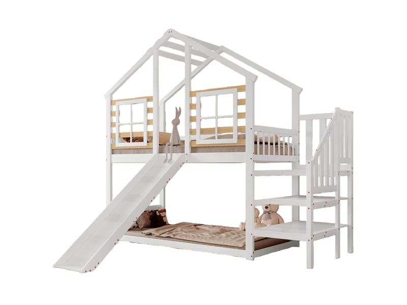  Lit superposé 90x200 cm – lit simple enfant avec échelle, balustrade, toboggan latéral et fenêtre, structure mdf, blanc  - Conforama A