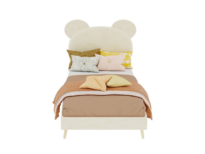  Lit enfant 90x200 cm avec tête de lit à motifs cartoon, lit simple avec sommier à lattes, lit simple rembourré, beige  - Conforama B