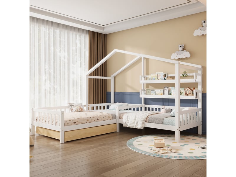  Lit cabane enfant 90x200 cm+140x70 cm avec tiroirs et étagères, bois massif avec barrière et sommier a lattes, structure en l, blanc  - Conforama E