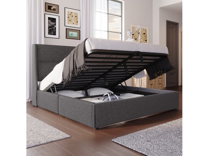 Lit coffre 160 x 200 cm gris en lin avec têtes de lit réglables et sommier métallique - Conforama C