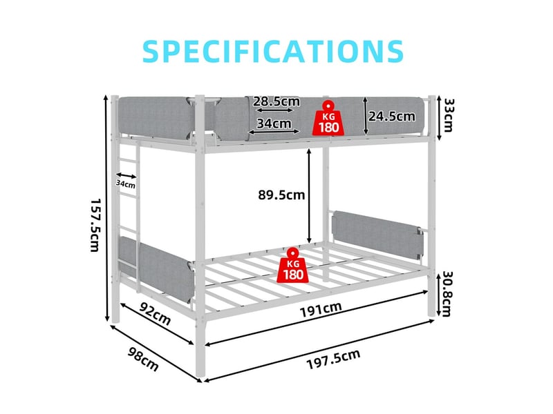  Lit superposé blanc 90x190 cm en métal et lin, convertible en deux lits séparés avec garde-corps amovibles  - Conforama C